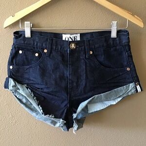 NWOT One Teaspoon Dark Wash Bandits Relaxed, Long Rise Twisted Cuff Shorts (24)